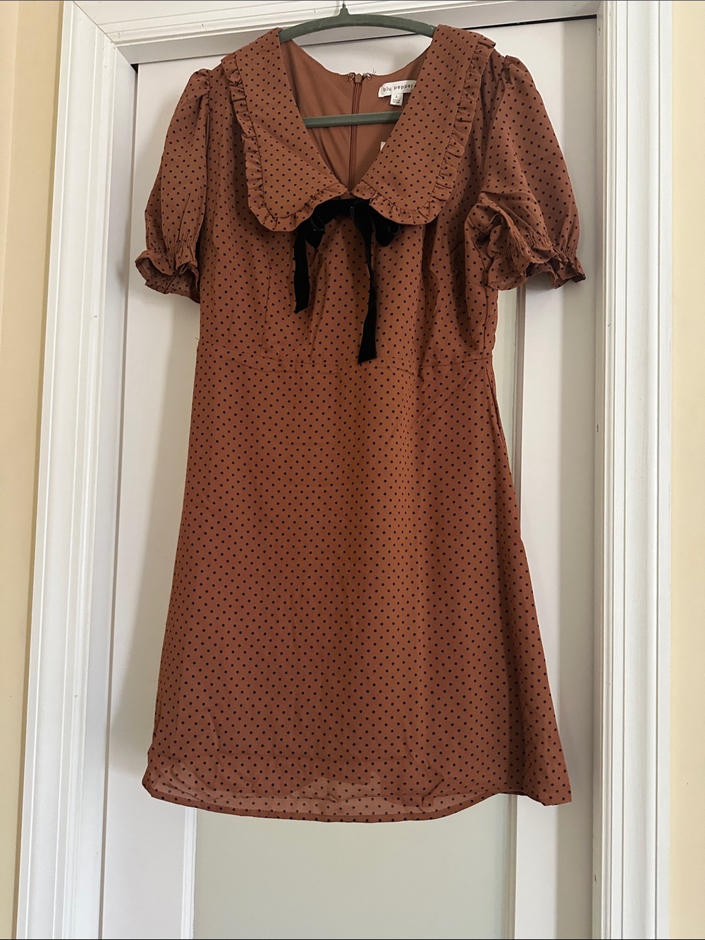 Blu Pepper Rust Brown Polka Dot Dress with Velvet Tie
